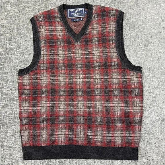 Vtg 90's Polo Sport Ralph Lauren Lambswool Sweater Vest Red Plaid Men's Large - Picture 2 of 6